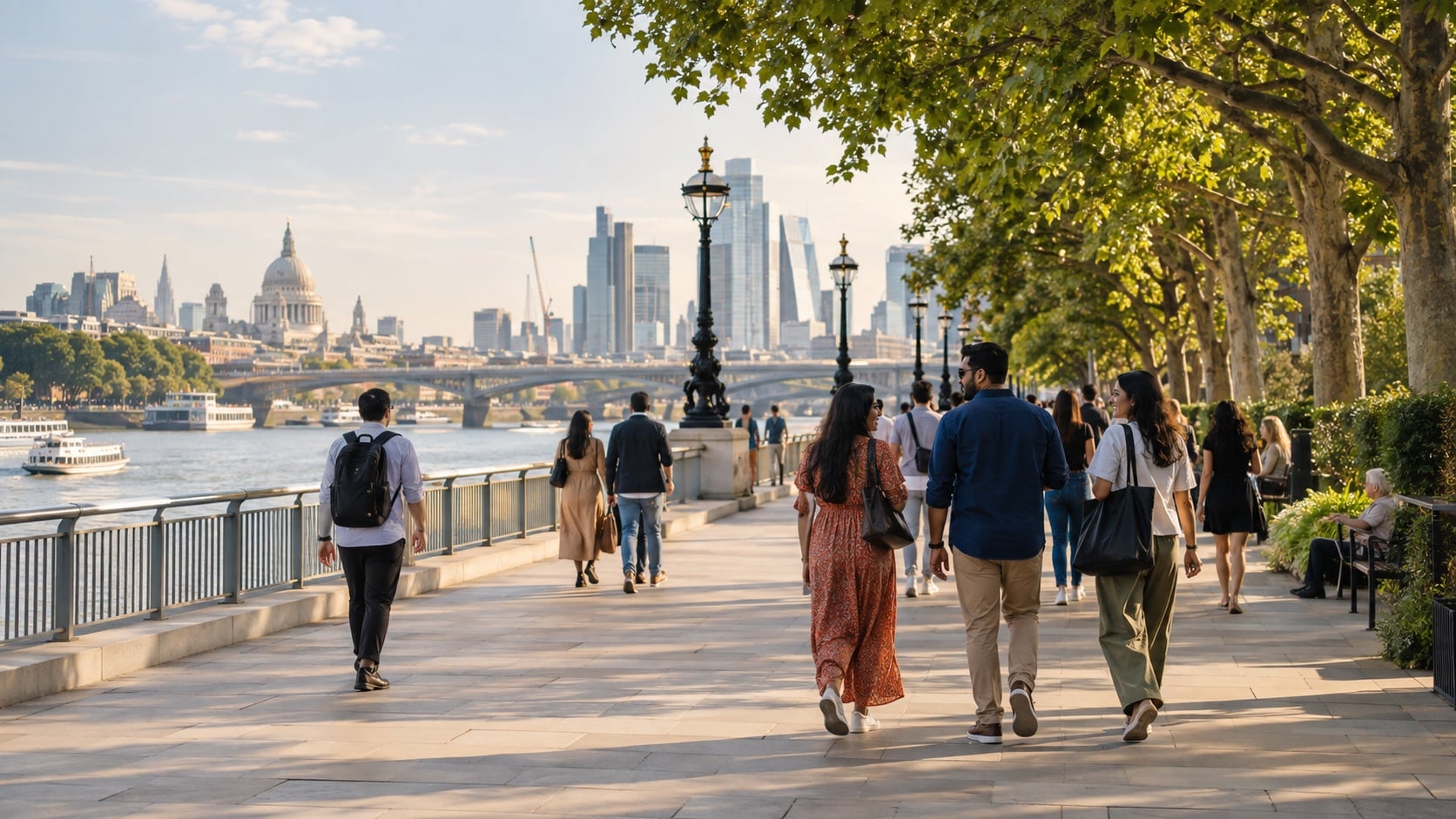 People walking together along a leafy city riverfront