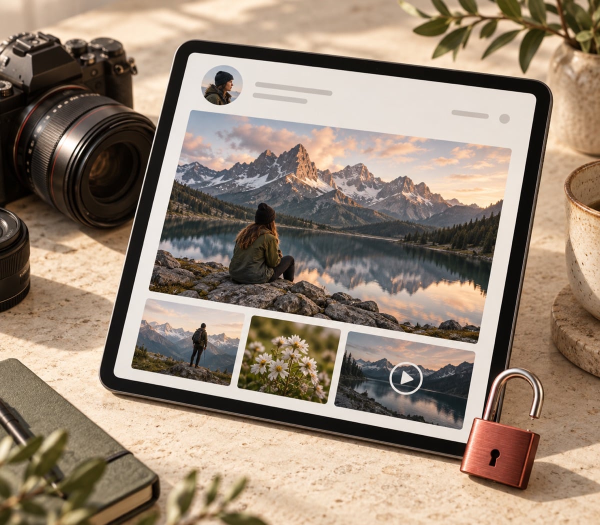 Illustration of a creator’s photo and video collection on a tablet beside a camera and an open padlock